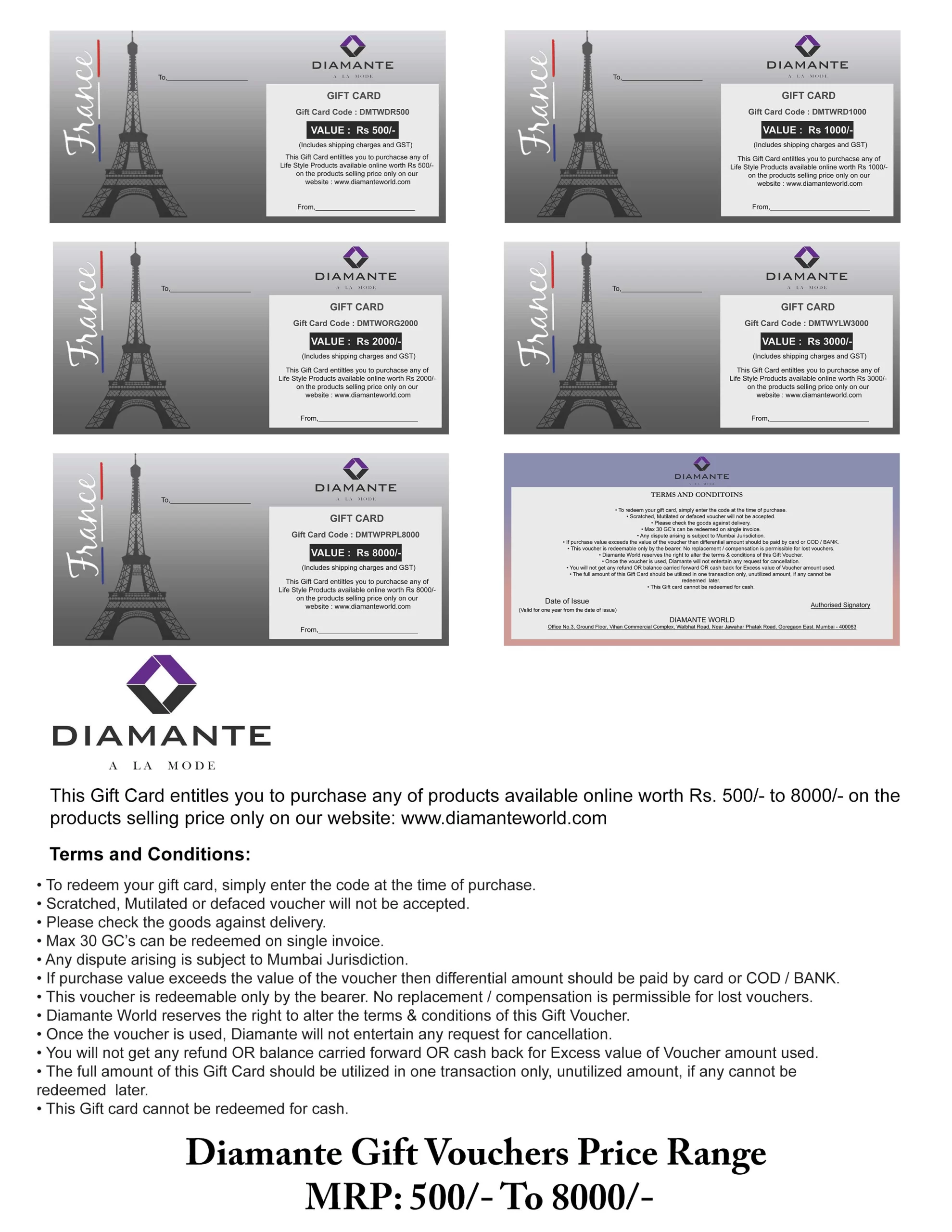 DIAMANTE GIFT VOUCHERS 8000