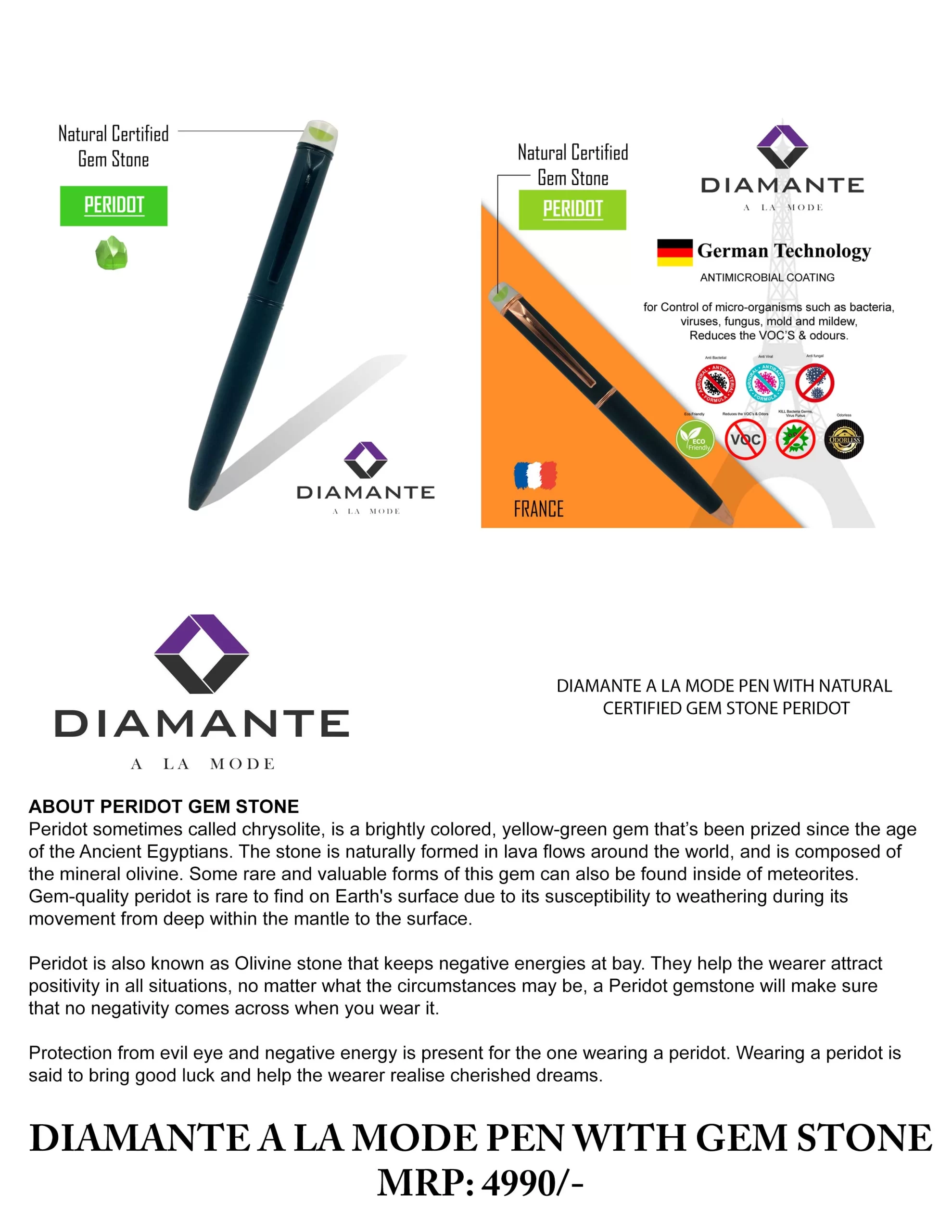 DIAMANTE CERTIFIED NATURAL PERIDOT GEMSTONE  PEN