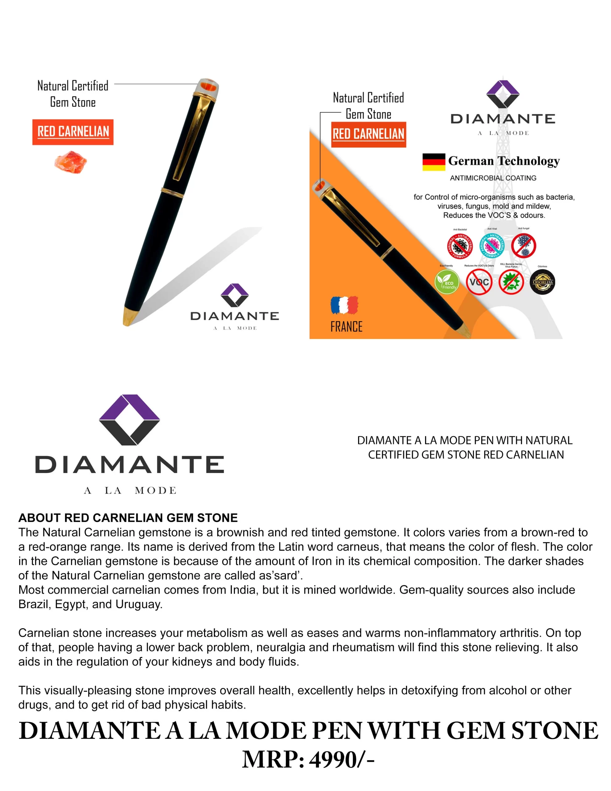 DIAMANTE CERTIFIED NATURAL RED CARNELIAN GEMSTONE  PEN