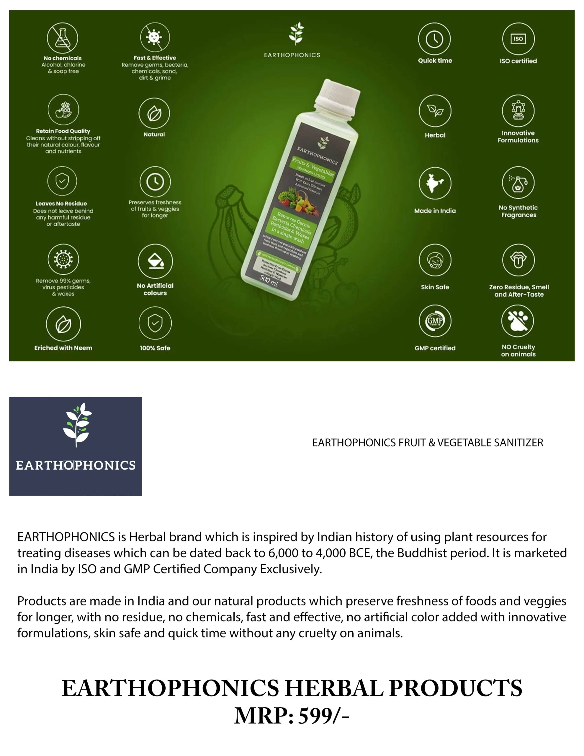 EARTHOPHONICS FRUIT & VEGETABLE SANITIZER  500 ML